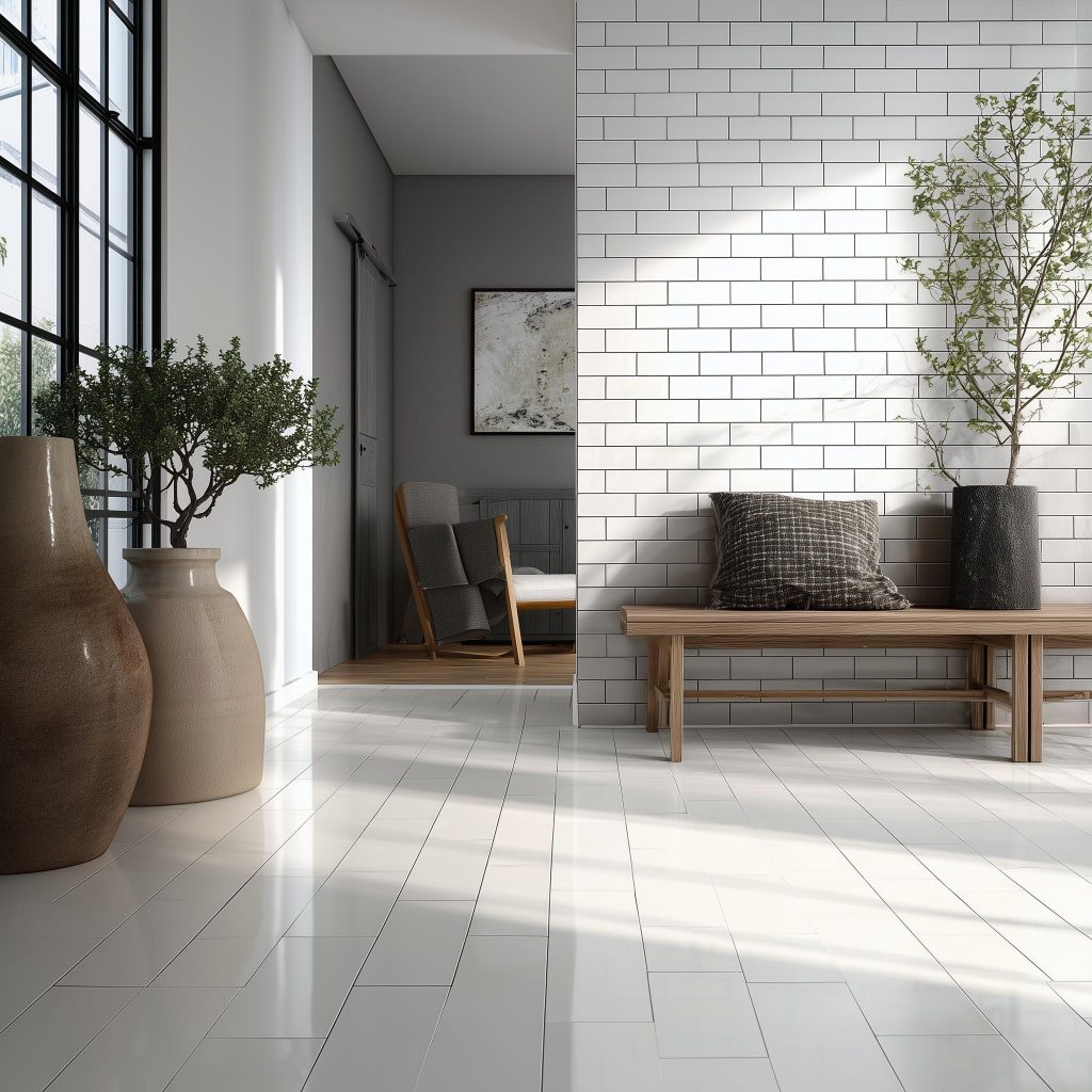 Minimalist entryway featuring light grey colour tiles with white brick walls and wood bench