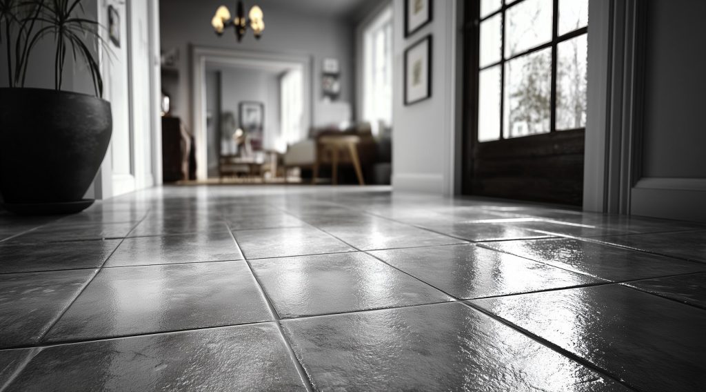 Low angle shot of glossy grey tile flooring reflecting light in a contemporary home hallway