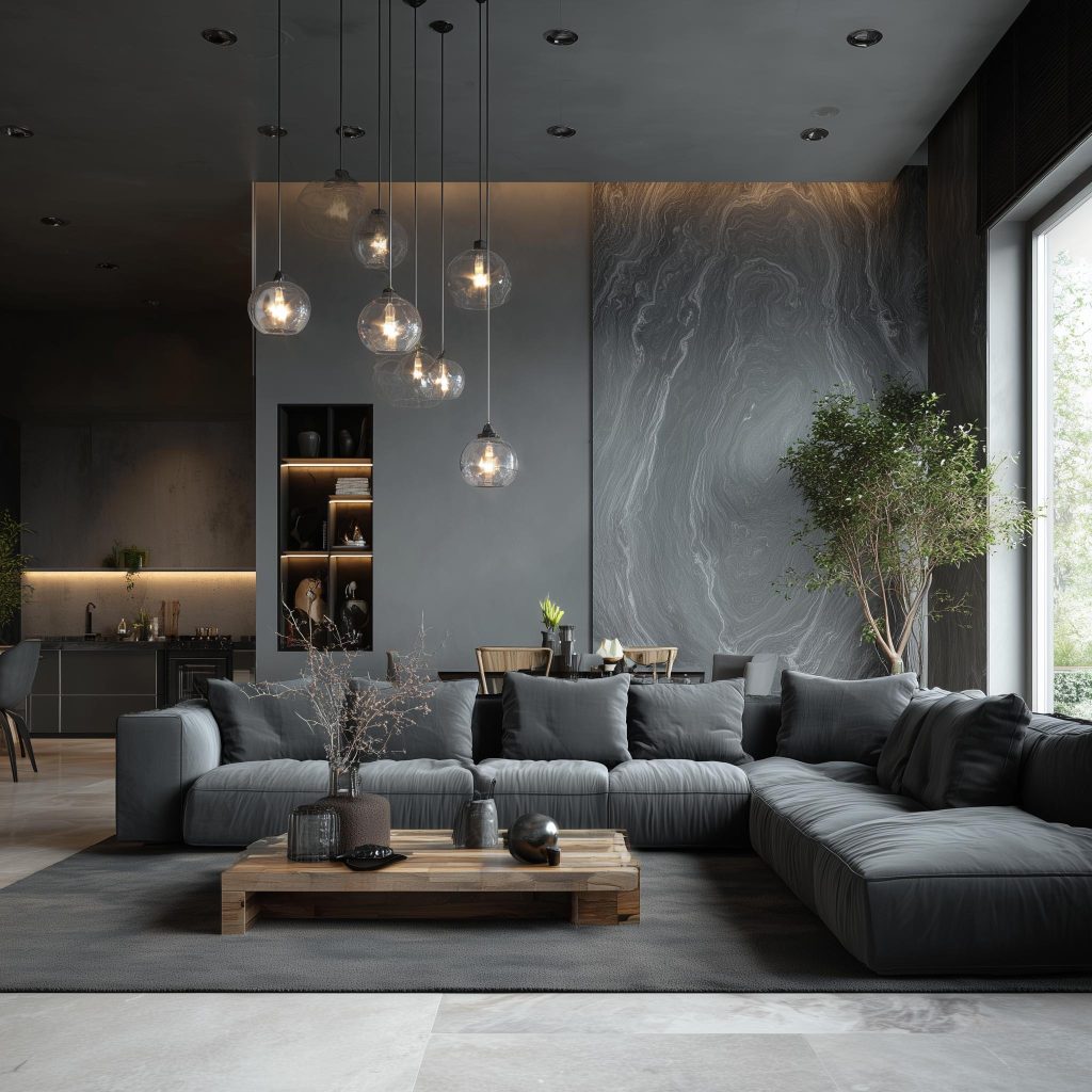 A sleek living room with grey wall tiles and pendant lights over a large sectional sofa