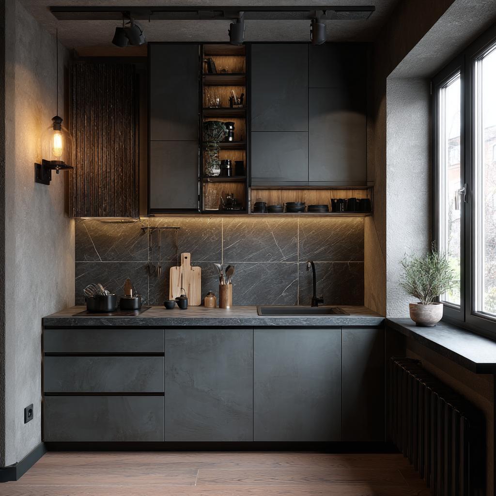 A dining room backdrop featuring matte grey wall tiles that create a sophisticated atmosphere
