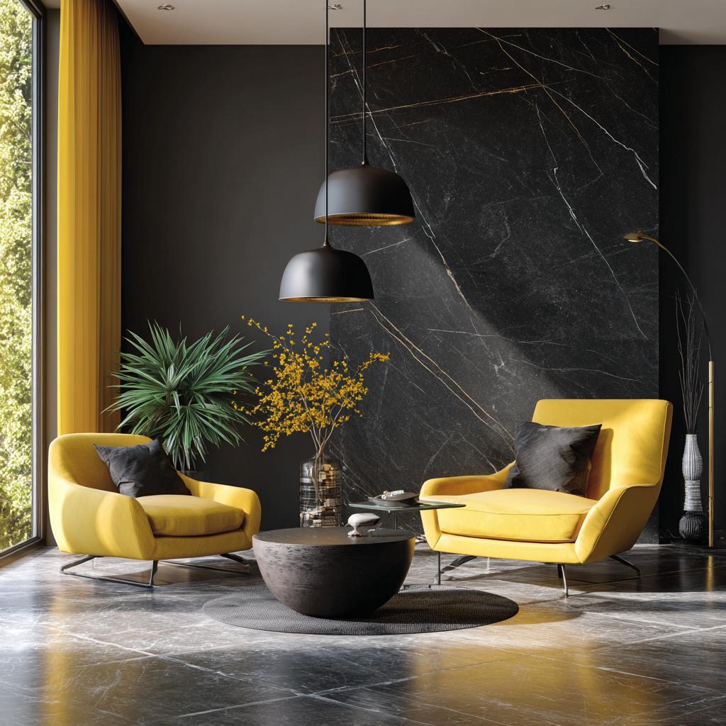 Dark grey tile flooring in a modern living room featuring vibrant yellow accent chairs