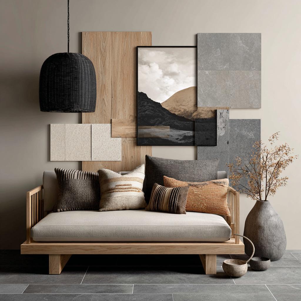 contemporary living area showcasing textured grey tiles for wall applications behind a TV