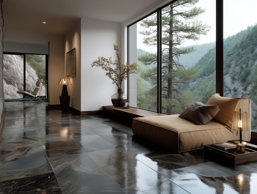 A peaceful lounge area with large grey tiles on the floor overlooking a forest valley