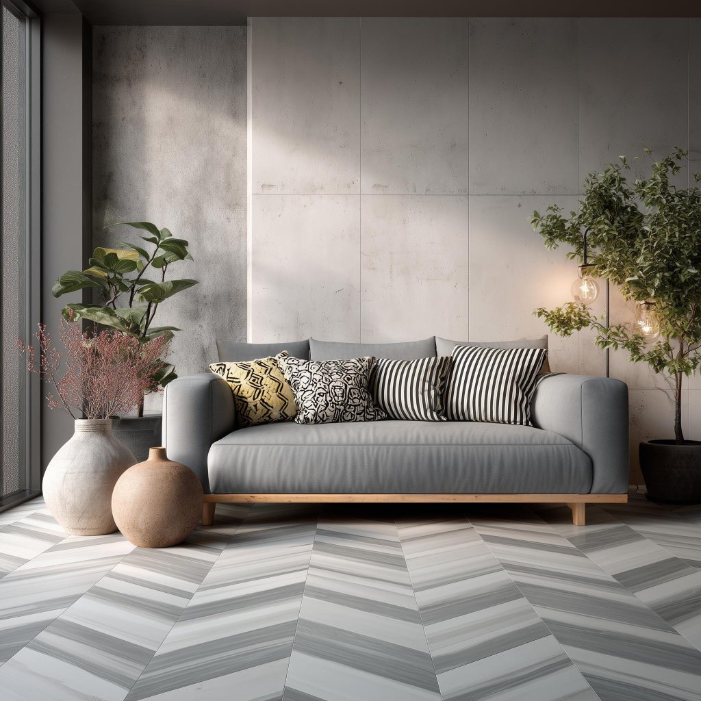 modern living room with patterned dark grey tiles in a chevron layout and a grey sofa