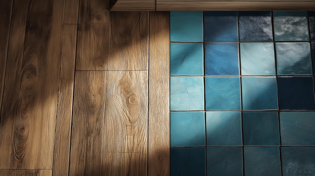 Rich wooden texture vitrified tiles meeting blue ceramic squares in a sunlit room corner