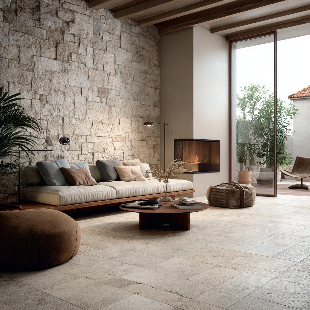 Warm beige vitrified tiles texture across a spacious living room with a rustic stone wall