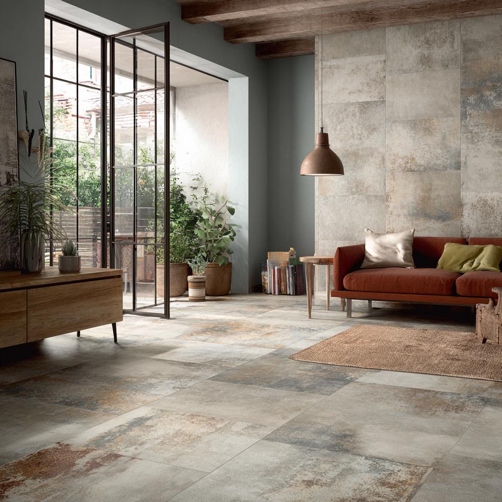 Distressed cream vitrified tiles texture on the floor of a sun-drenched industrial lounge