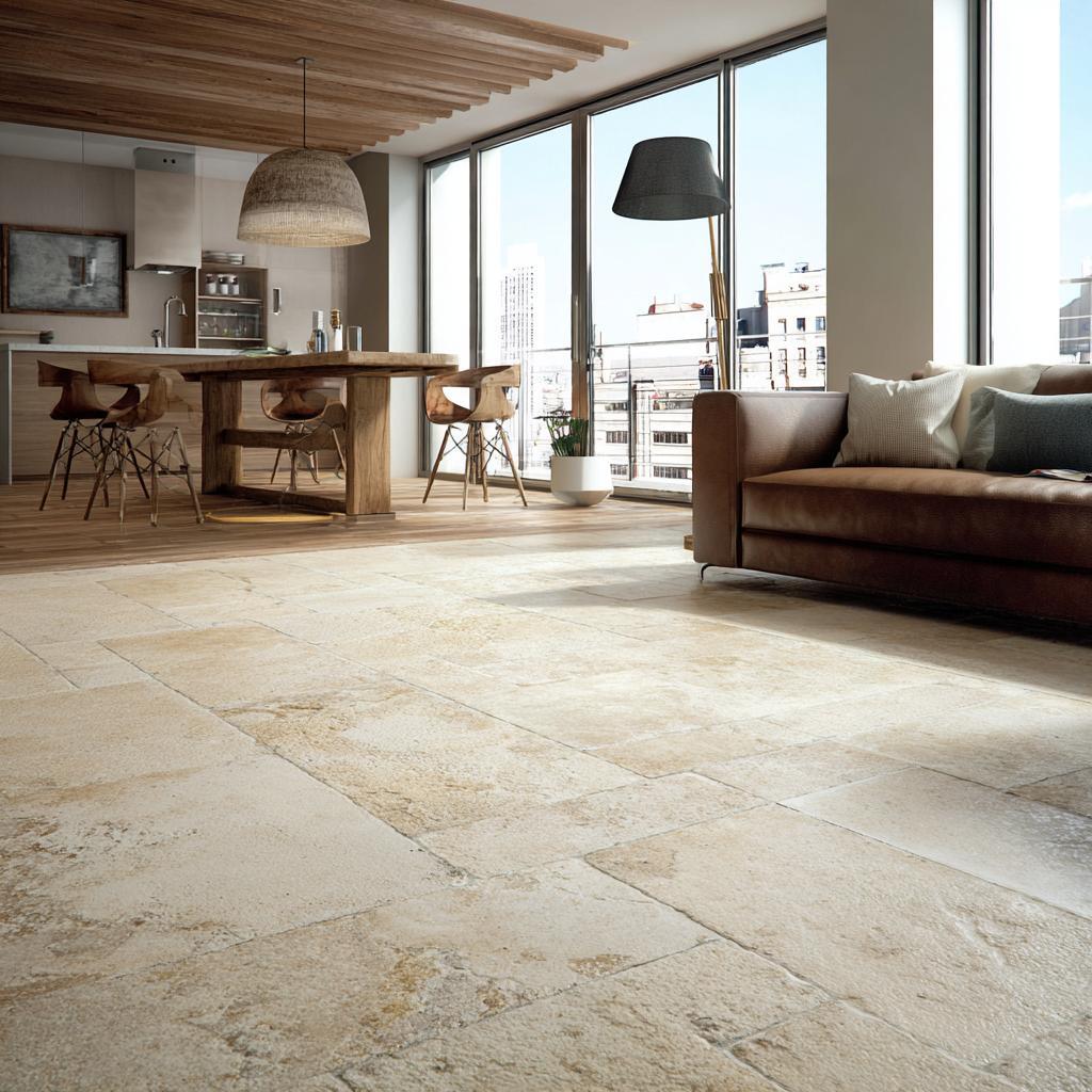 Sophisticated dark floor vitrified tiles texture in a luxury living space with warm LEDs