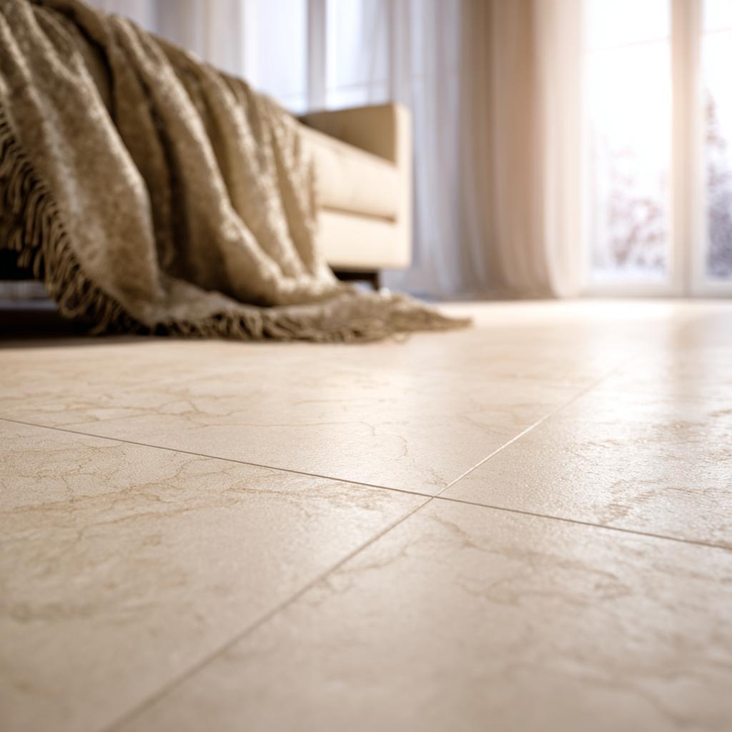 Soft beige vitrified tiles texture with subtle marble veining for elegant bedroom floors