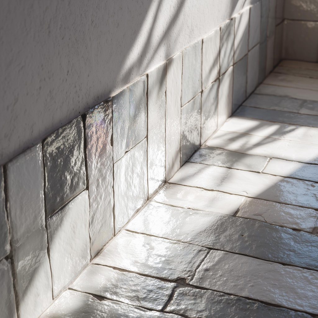 High-shine glossy vitrified tiles texture reflecting warm ceiling lights in a long hallway