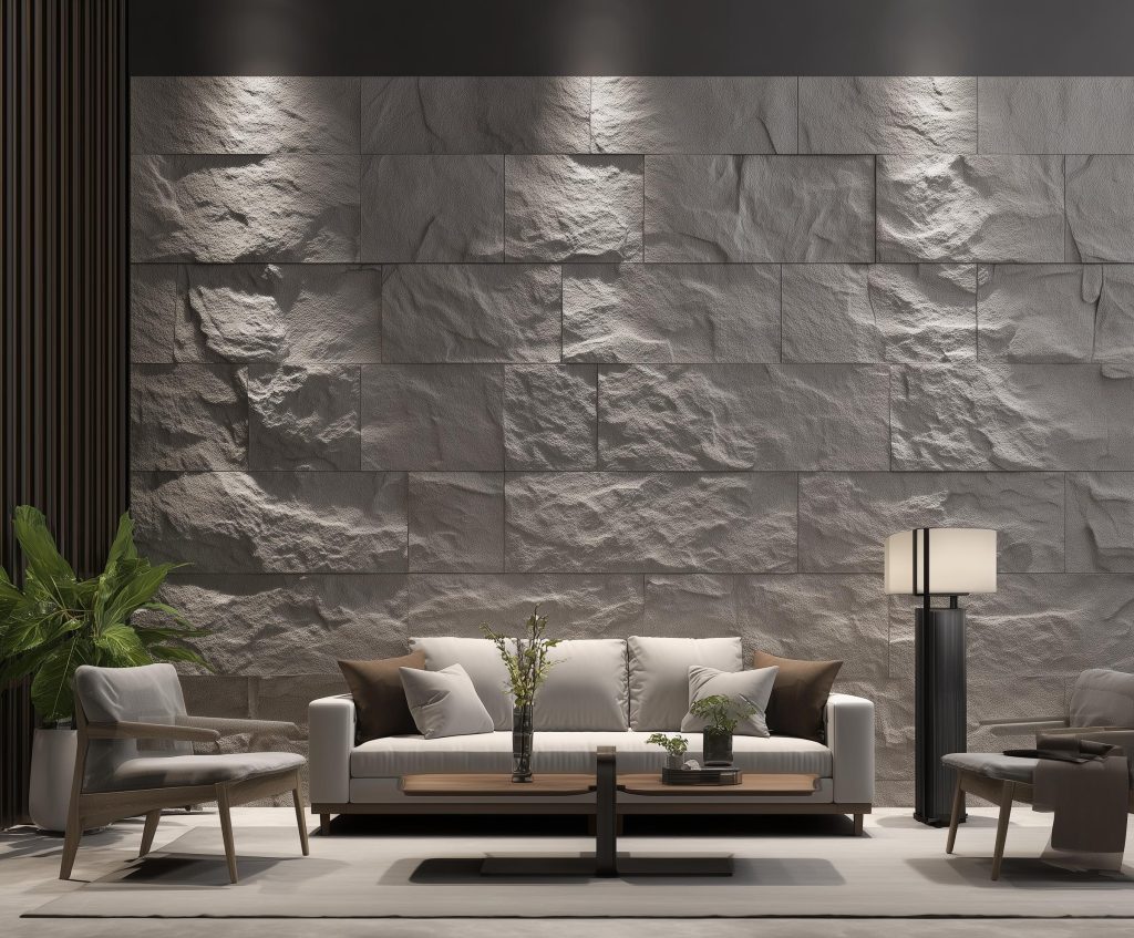 Dramatic stone-like grey vitrified tiles texture used as a feature wall in a modern room