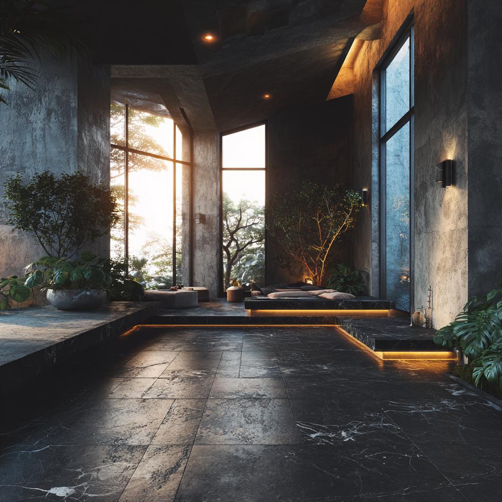 Sophisticated dark floor vitrified tiles texture in a luxury living space with warm LEDs