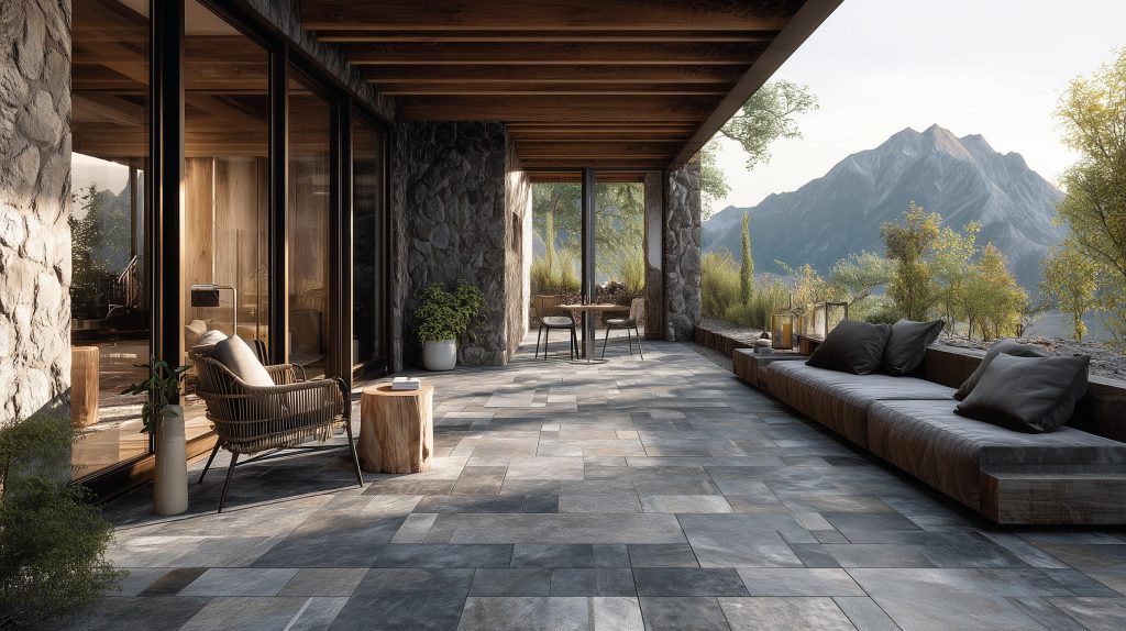 Durable vitrified flooring tiles texture with a slate finish on a scenic mountain balcony