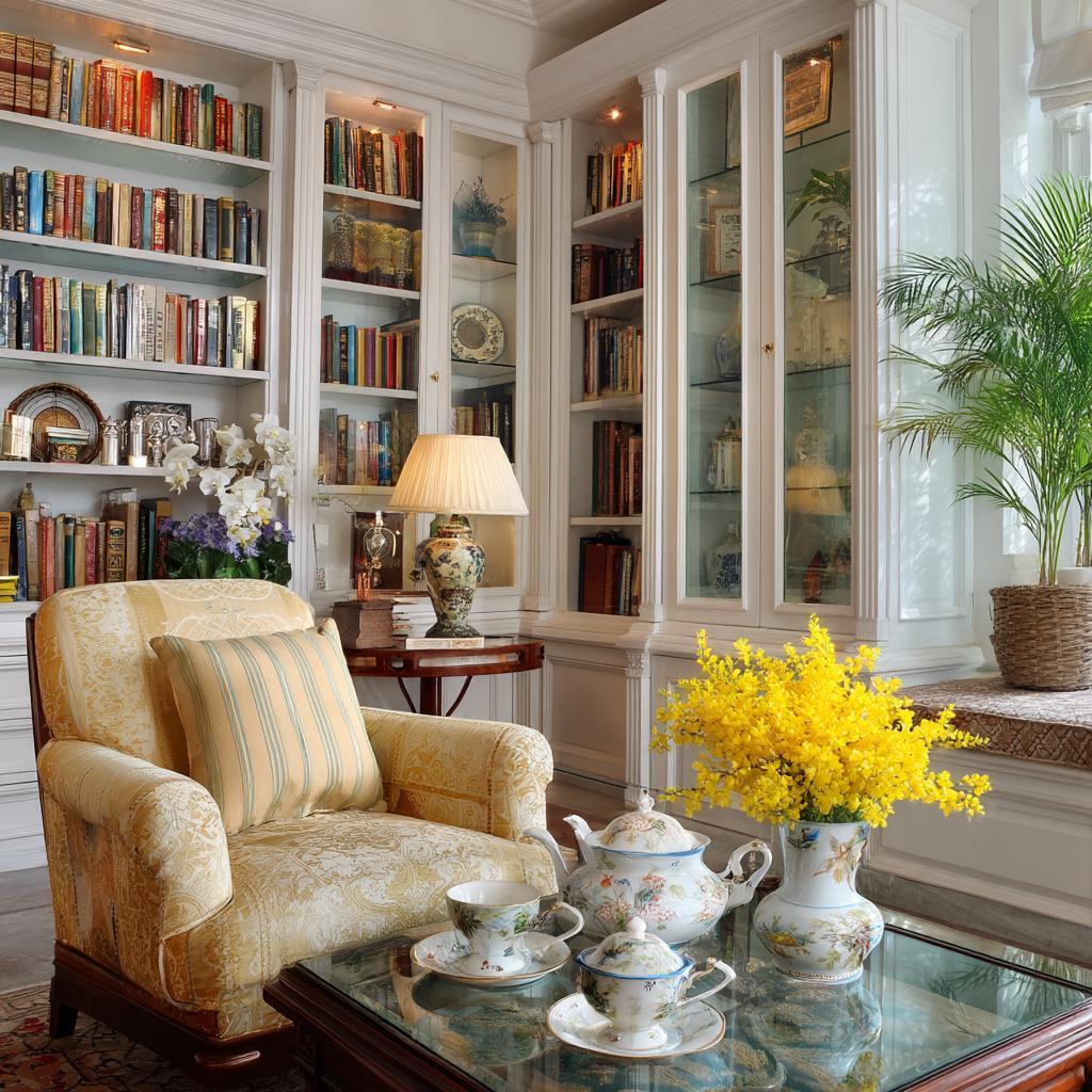 A classic english home library design featuring white wooden shelves and a yellow armchair