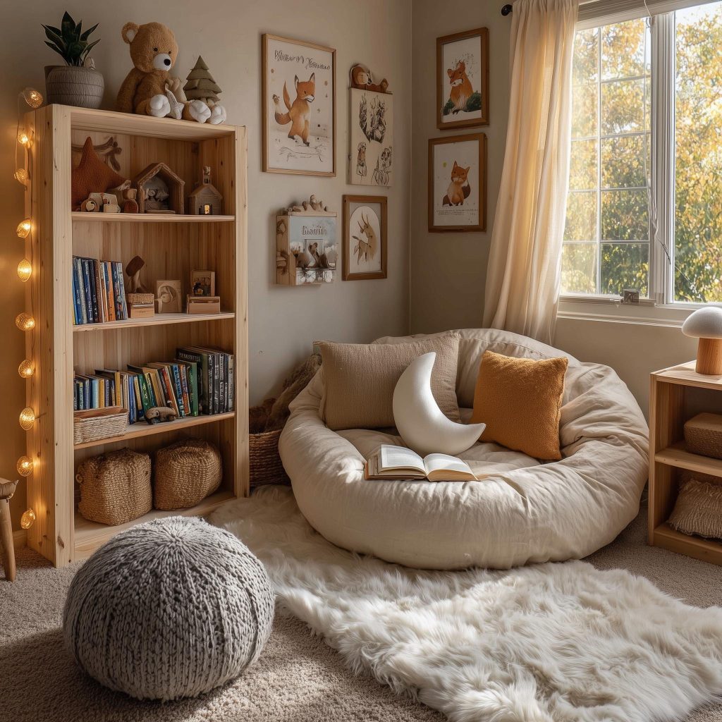 Lush home library design ideas with ivy plants, a cozy window seat, and rain-streaked glass