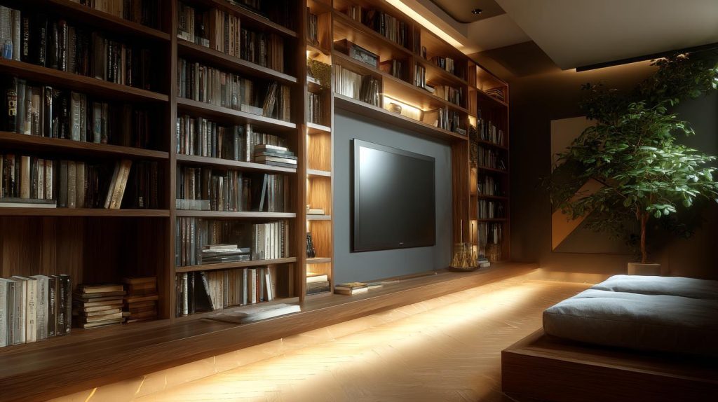 A dark wood home library design integrated with a television unit and warm accent lighting