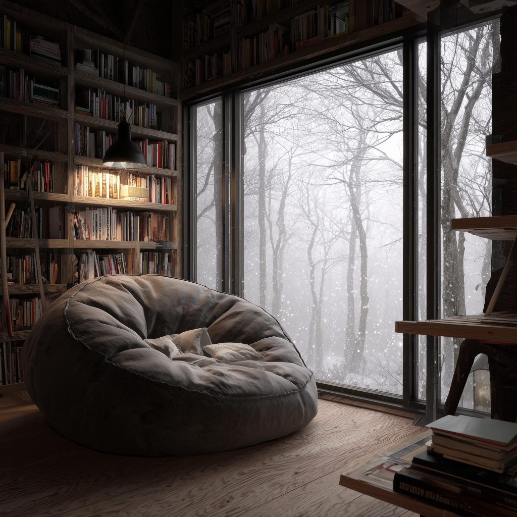 A cozy reading nook with a large bean bag chair by a window overlooking a snowy forest