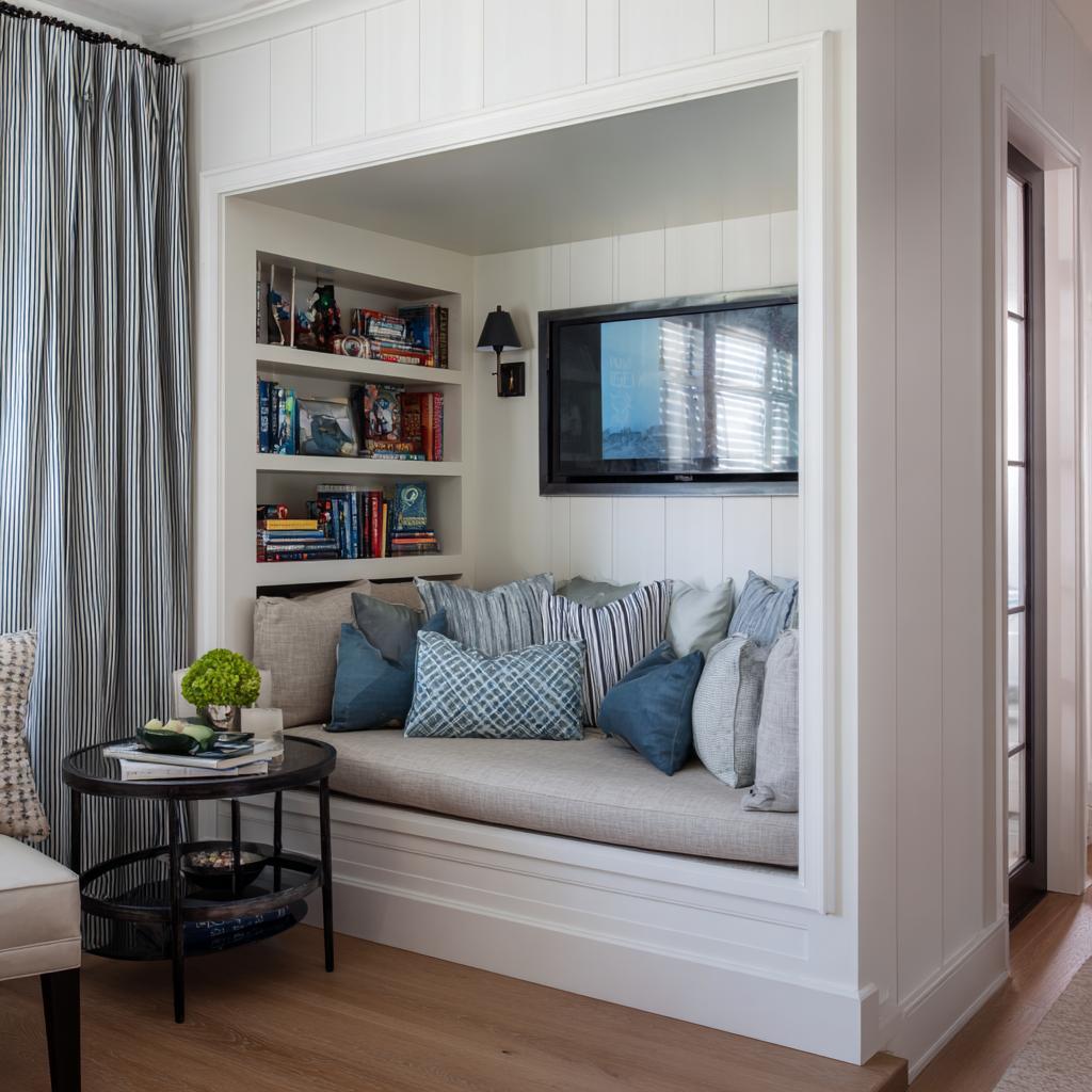 Home library design ideas featuring a white built-in reading nook with blue accent pillows