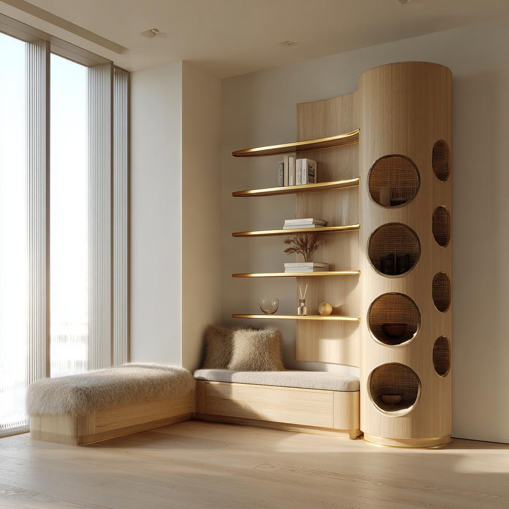 Sleek home library design with a minimalist reading bench and integrated wooden shelving