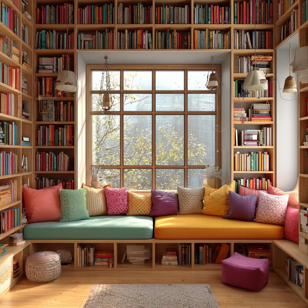 Vibrant home library interior design with floor-to-ceiling shelves and a colorful window seat