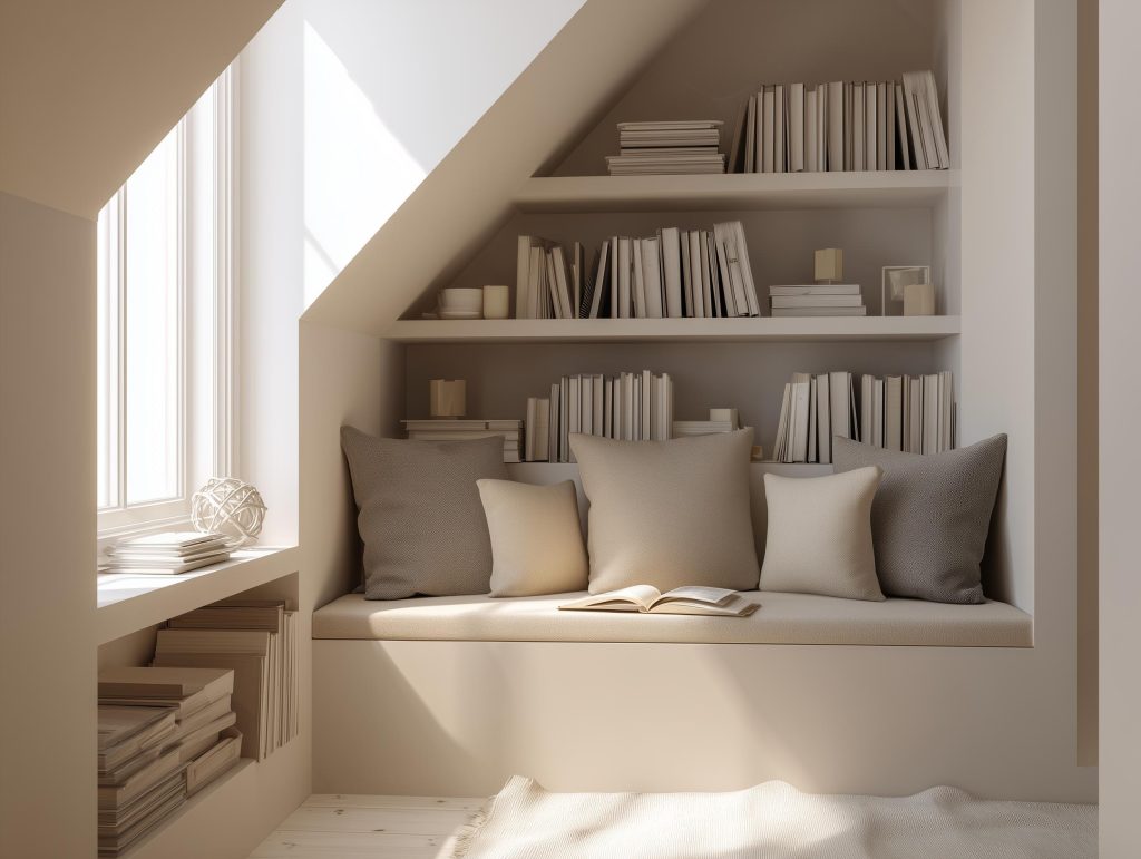 A mini library at home design with built-in shelving under a sloped ceiling by a window
