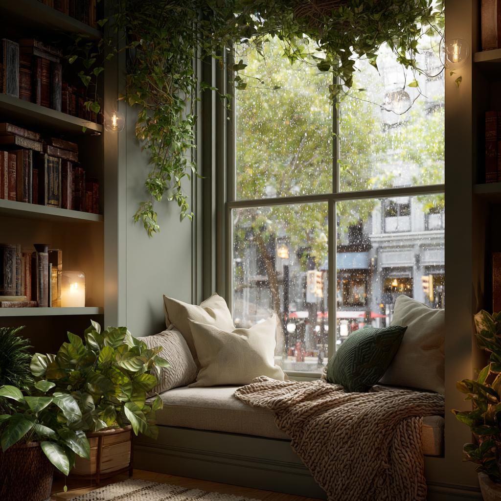 Lush home library design ideas with ivy plants, a cozy window seat, and rain-streaked glass
