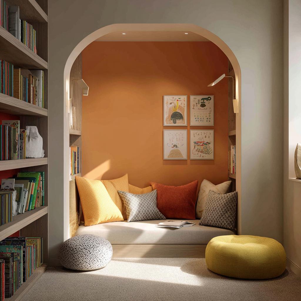 Home library design small room featuring an arched orange reading nook with plush cushions
