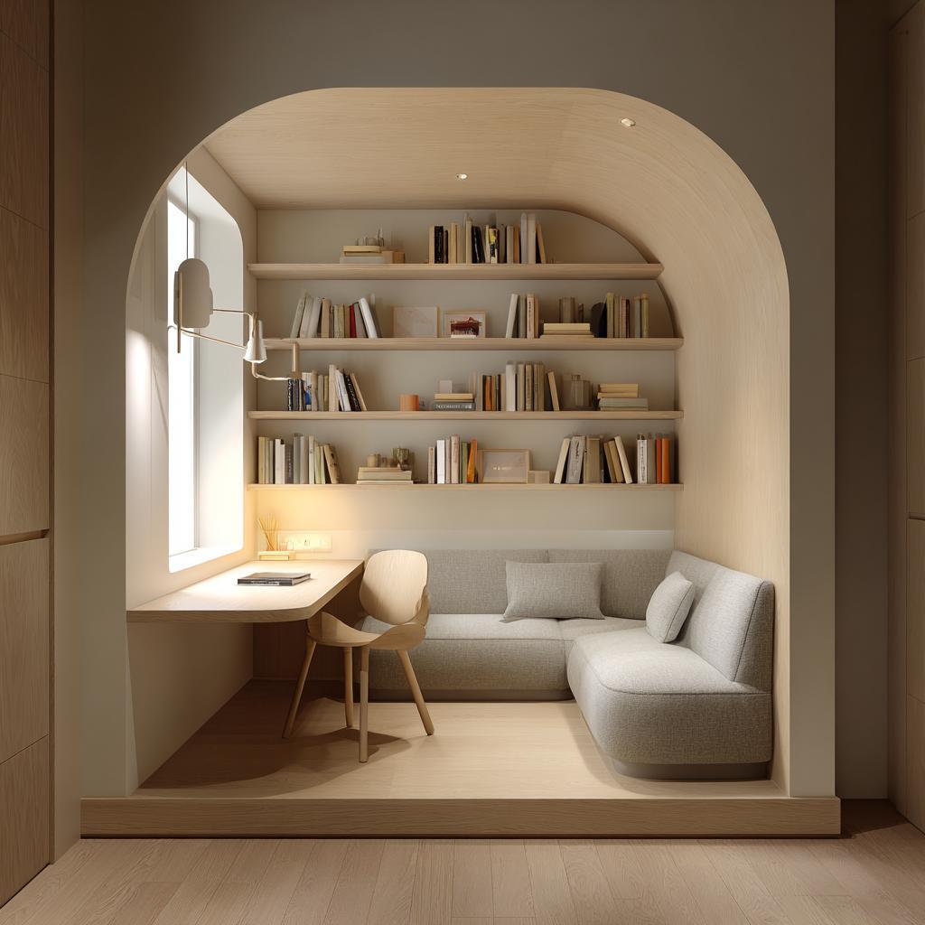 A modern home library design with a minimalist desk, wooden chair, and built-in wall shelves