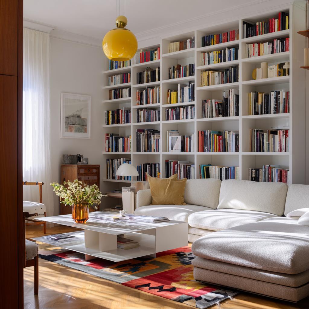 A beautiful home library design with a large white grid bookshelf and a white sectional sofa
