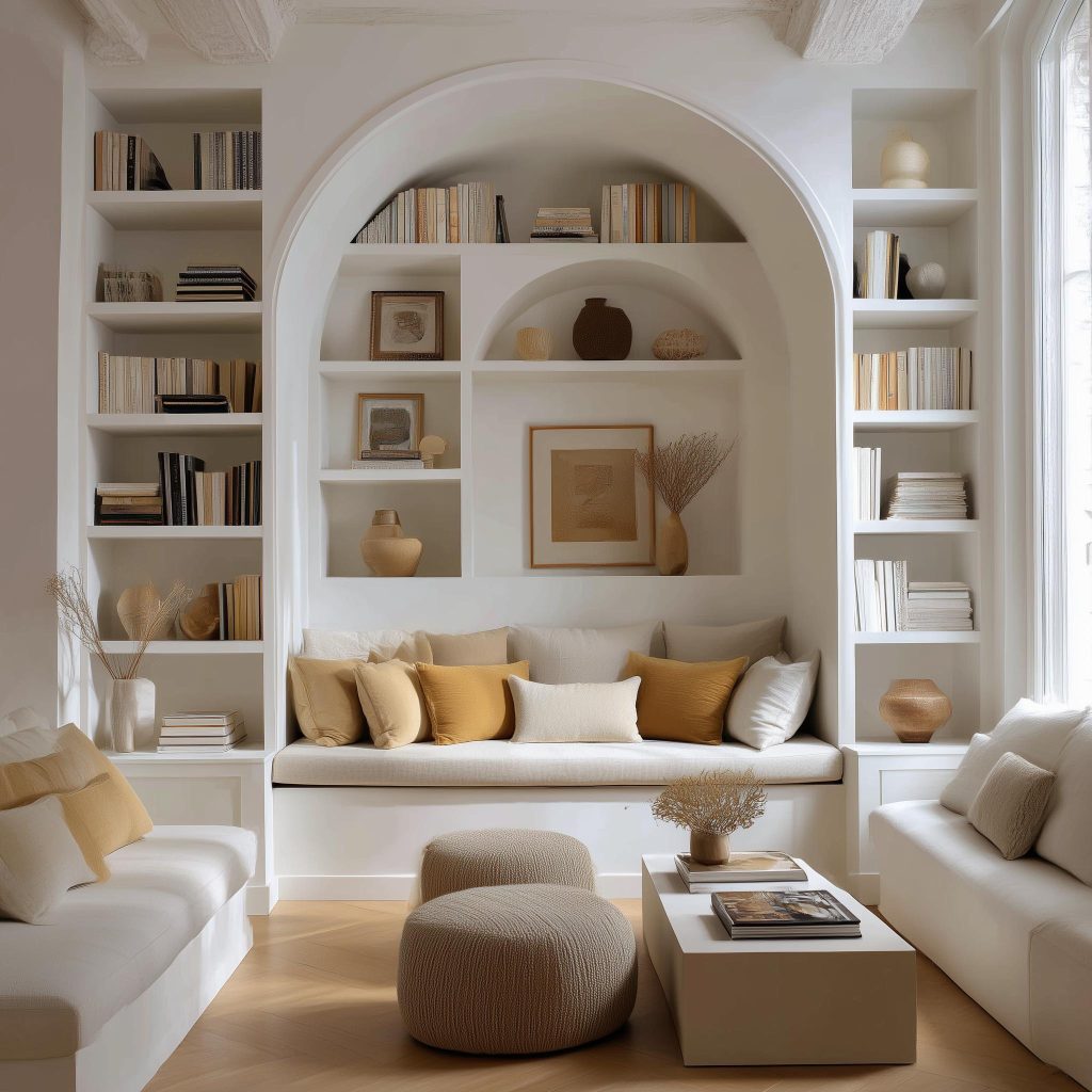 A mini library at home design with a large bean bag chair by a window overlooking the snow