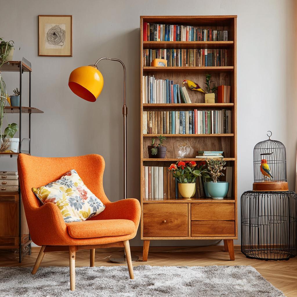 Vibrant home library furniture design with an orange wingback chair and wooden bookshelf