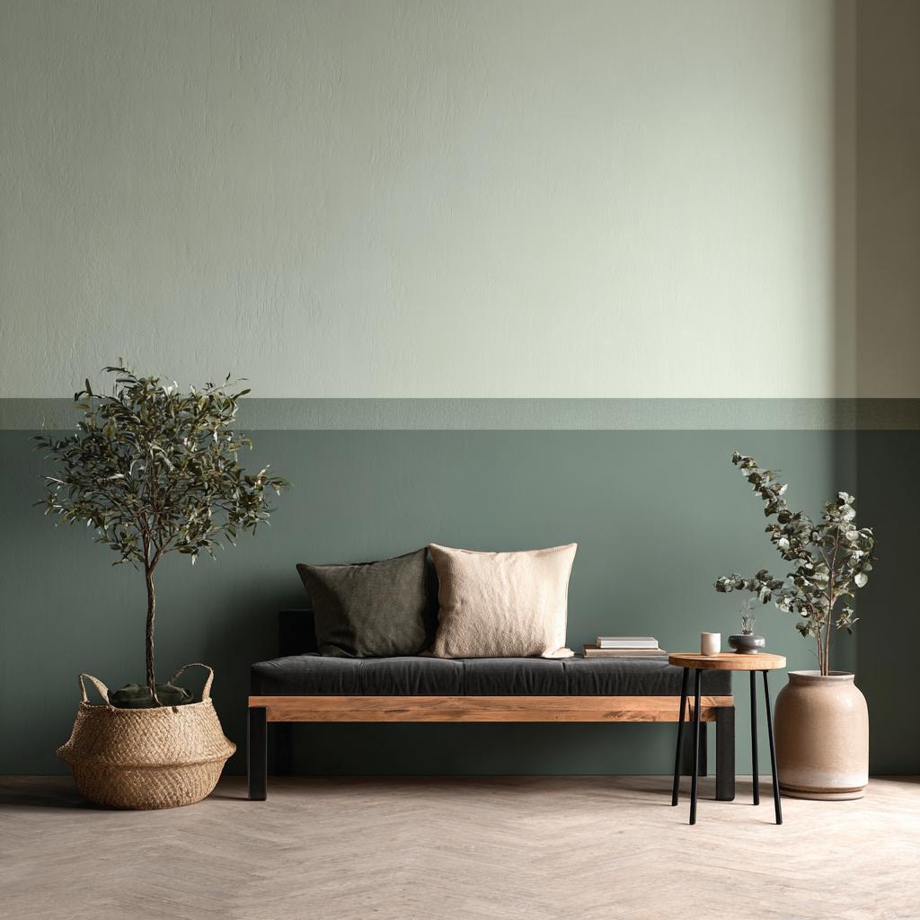 Cozy seating area against simple wall designs with tape, creating a horizontal split