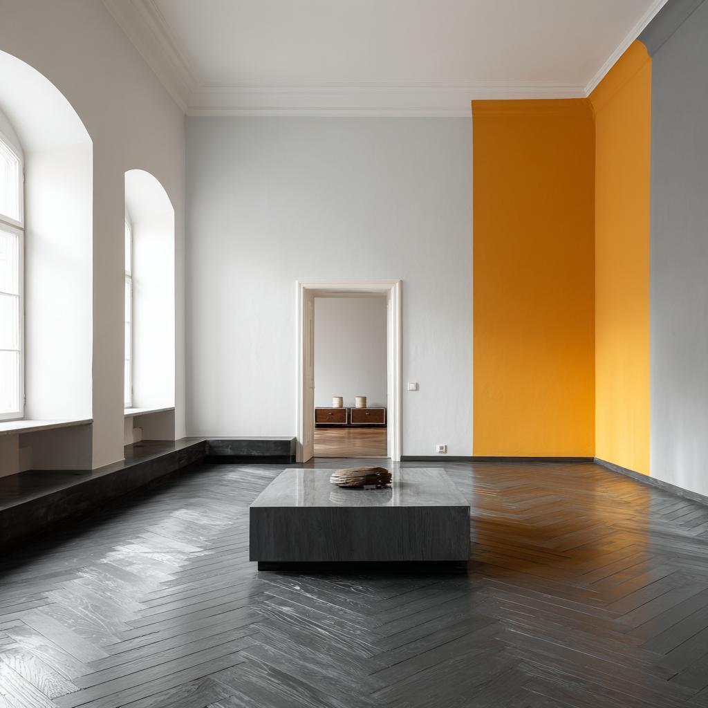 Large room with mustard easy wall paint designs with tape highlighting a corner wall