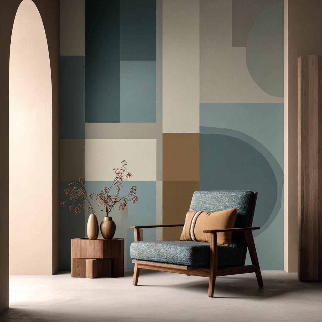 Blue and beige abstract easy wall paint design ideas with tape behind a stylish armchair