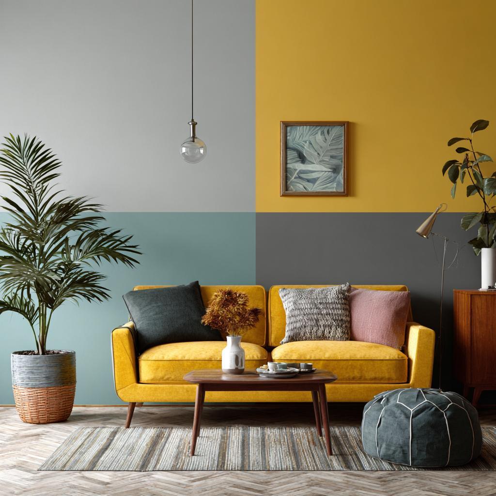 Living room with simple wall designs with painters tape in grey, yellow, and blue tones
