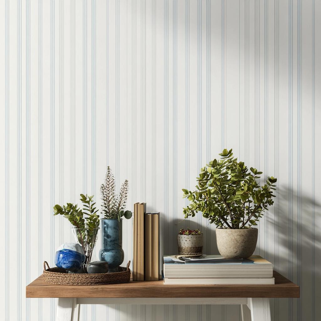 Thin blue vertical simple wall designs with tape on a white wall behind a wooden console