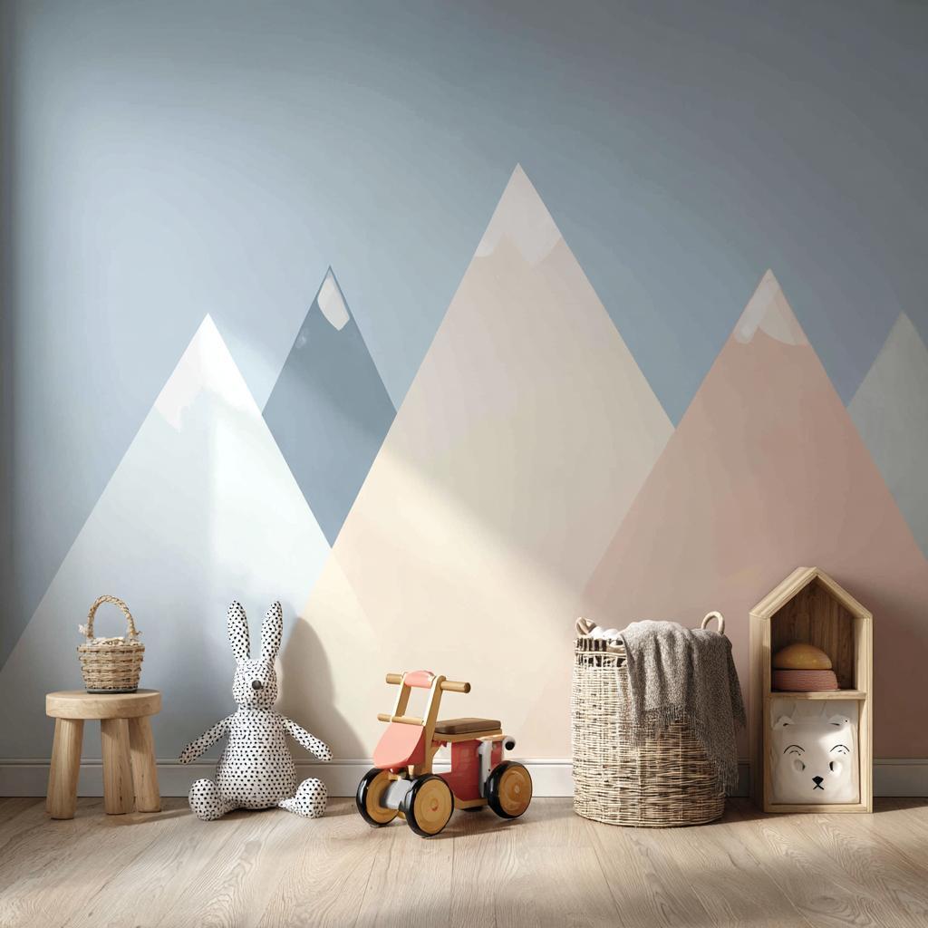 A playful kids room showing how to paint designs on walls with tape to create mountains