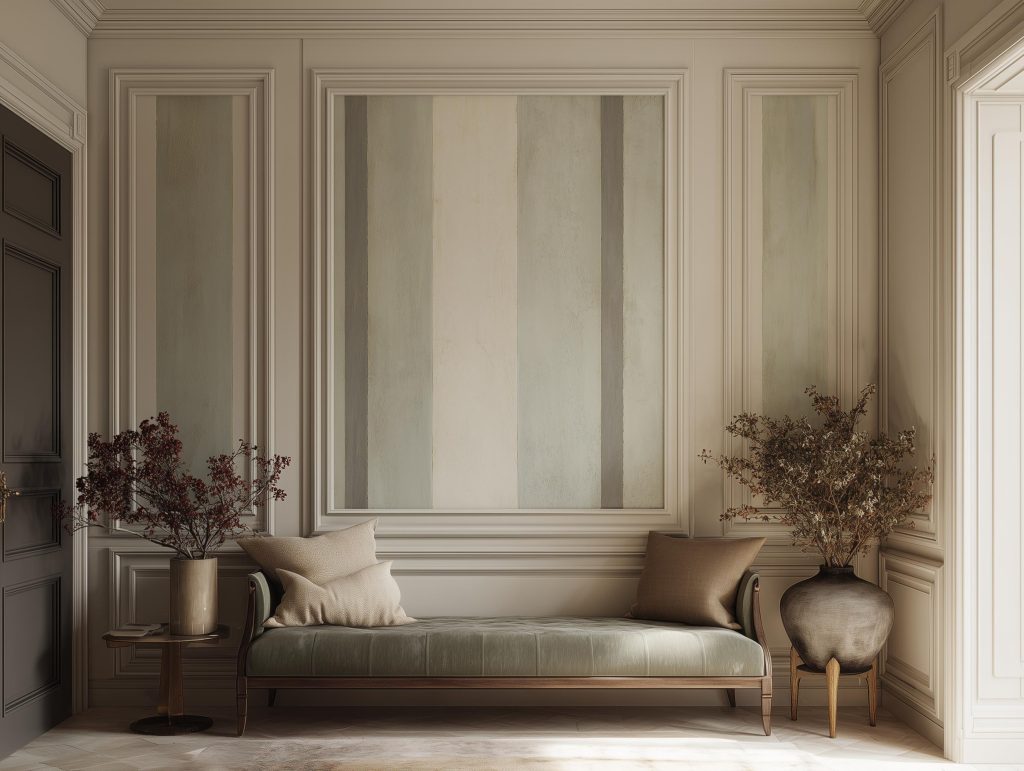 Sophisticated living room with a classic panel design on wall with tape in soft beige