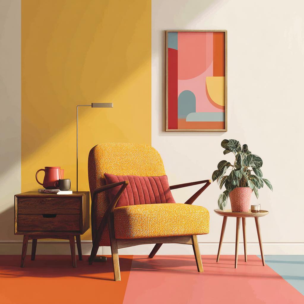 Vibrant yellow geometric wall designs with tape behind a modern armchair and wall art