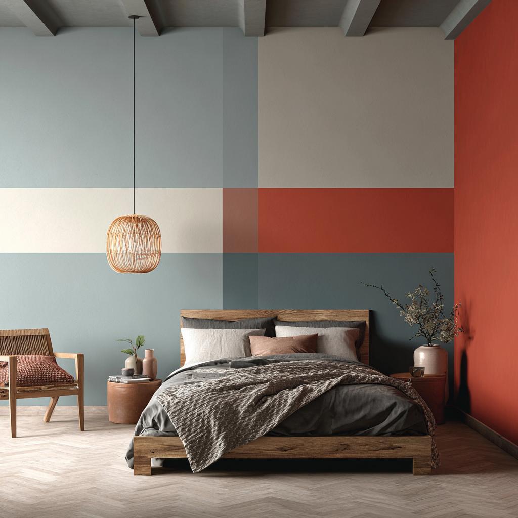 A master bedroom featuring bedroom wall designs with tape in calming blue and bold red