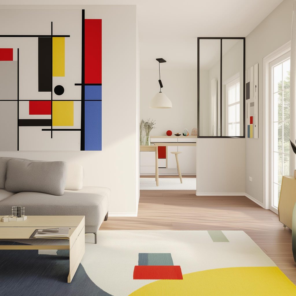 A modern living room with wall designs with tape and paint inspired by abstract art blocks