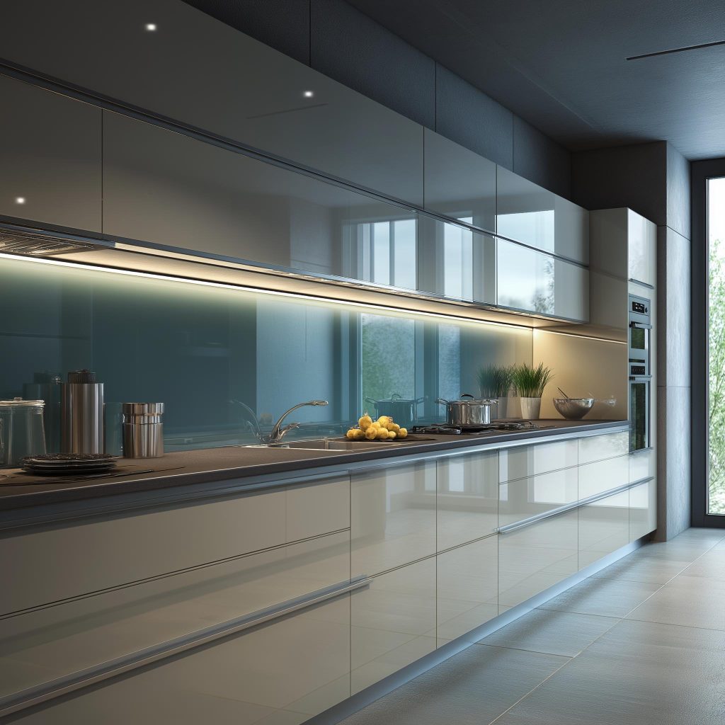 Reflective grey aluminium profile for kitchen cabinets with a sleek handleless appearance