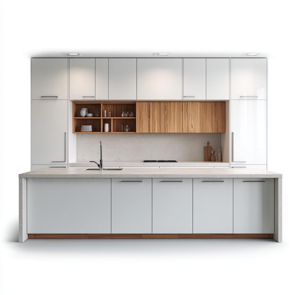 Seamless integration of matte black aluminium kitchen cabinet handles on light wood units