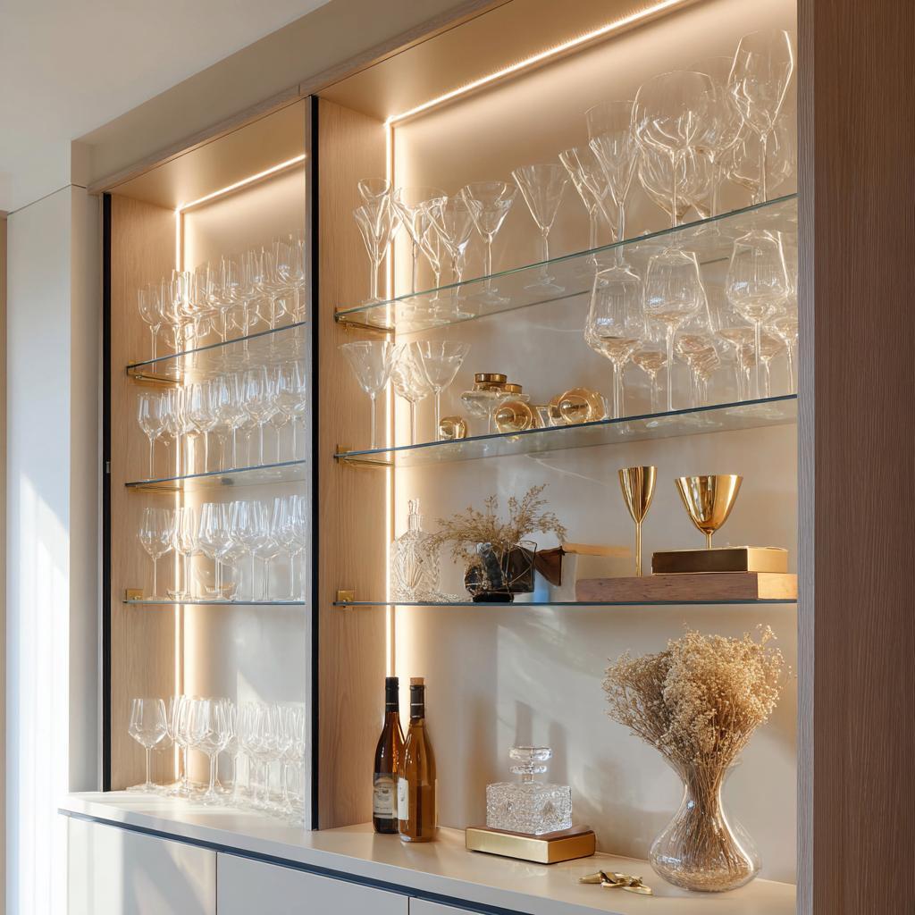 Modern aluminium frame for kitchen cabinet display with glass shelves and internal lights