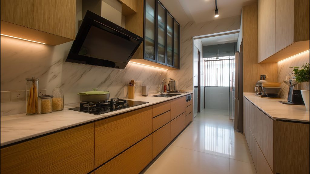 Compact parallel kitchen layout using a small aluminium kitchen cabinet for tight spaces