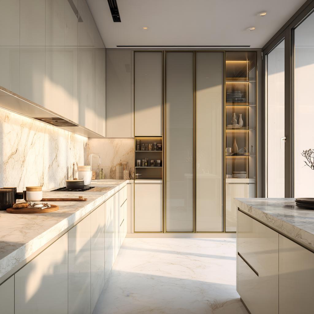Minimalist aluminium sliding door for kitchen cabinet tall units with opaque glass panels