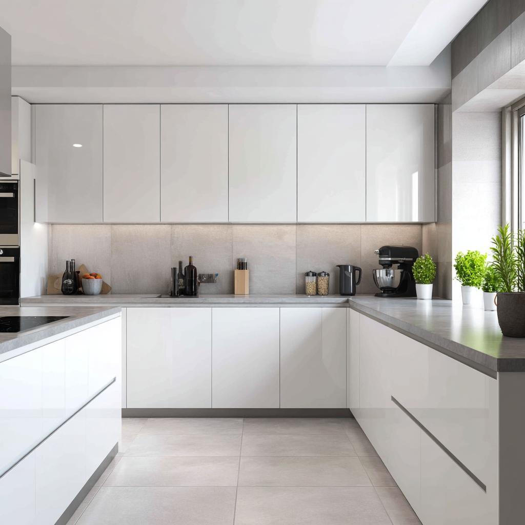 Sleek white modern aluminium kitchen cabinet design featuring handleless minimalist storage