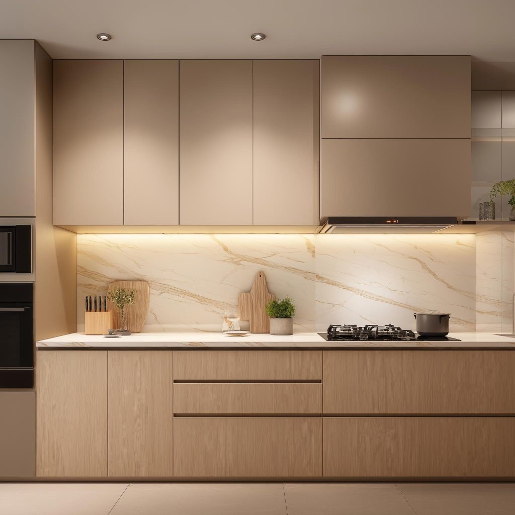Natural wood grain aluminium kitchen cabinet finishes paired with marble kitchen backsplash