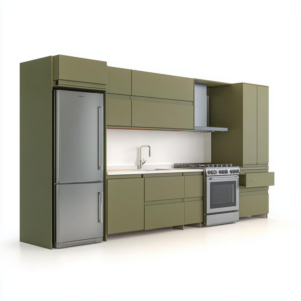 Modular olive green aluminium kitchen cabinet colors in a contemporary straight layout