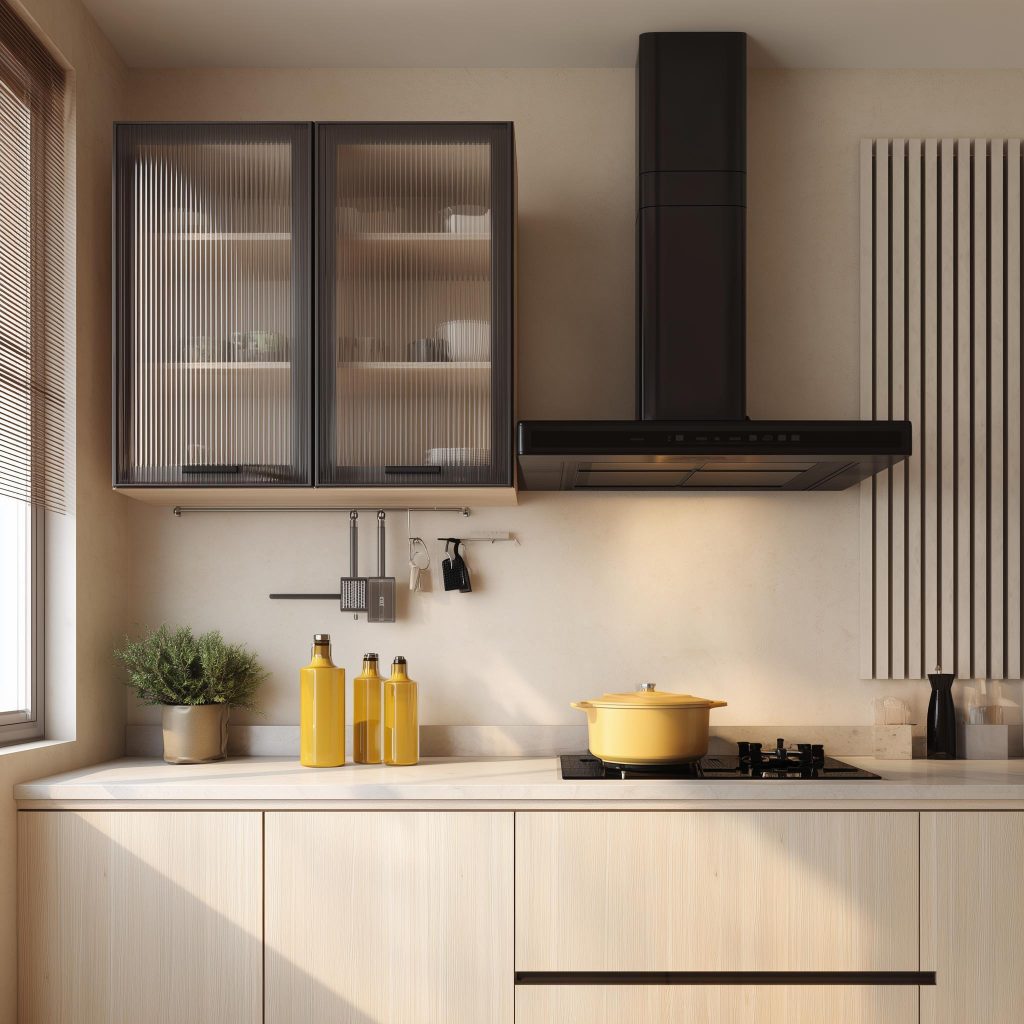 Fluted glass and matte aluminium kitchen cabinet doors paired with a black chimney hood